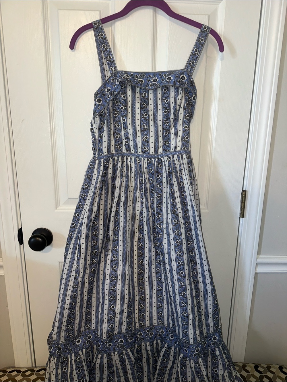 Blue and White Striped Floral Maxi Dress with Square Neck